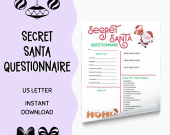 May include: A printable Secret Santa questionnaire with a festive red and green colour scheme. The questionnaire includes sections for "About You", "Something I Need", "Something I Want", "My Ultimate Gift", and "Check Off Your Interests".