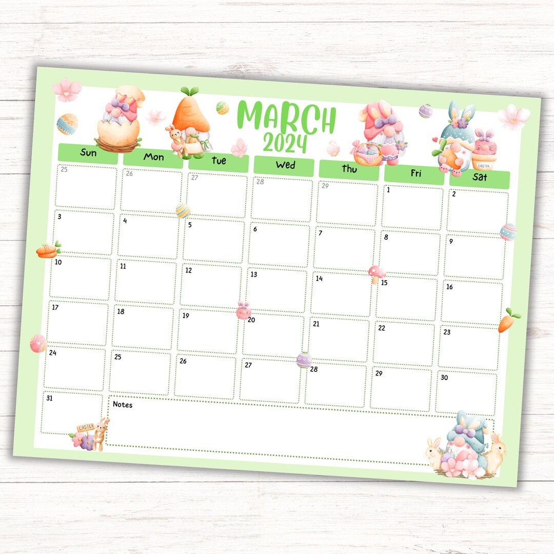 March 2025 Easter Gnome Calendar, EDITABLE/FILLABLE Easter Gnome