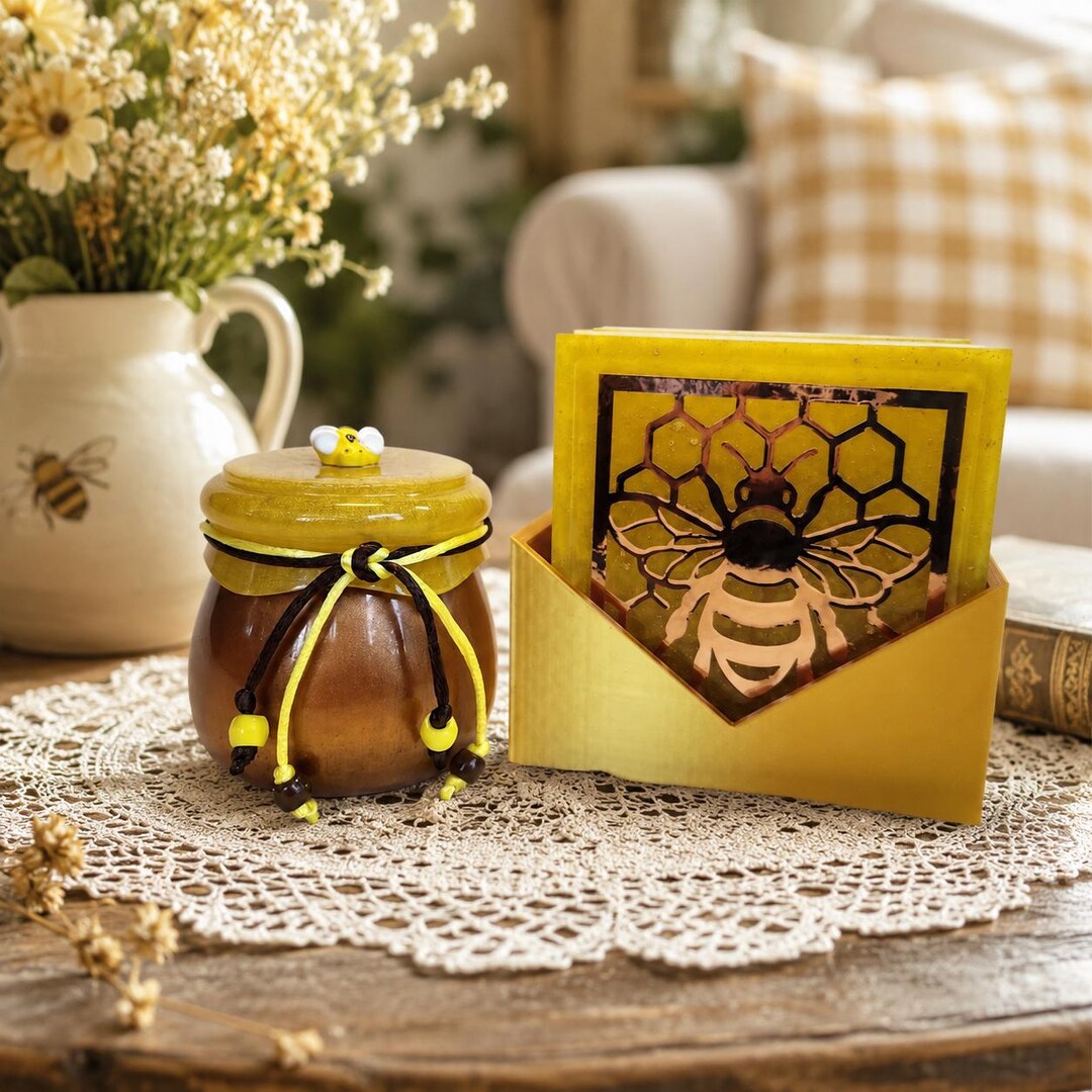 Bumble Bee Coaster Set With Honeycomb Design and Storage Jar - Etsy