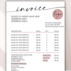 Puede incluir: Una plantilla de factura rosa y blanca con el texto "invoice" en letra cursiva. La factura incluye una descripción, un precio, una cantidad y un total para cada artículo. La factura también incluye un subtotal, un impuesto y un total.