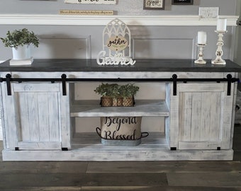 Rustic tv console, White rustic Barn-door tv console, Tv console, Wood console