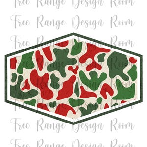 May include: A decorative design featuring a green and red camouflage pattern within a dark green hexagonal frame. The design is set against a cream-colored background. The text "Free Range Design Room" is repeated in a light gray font.