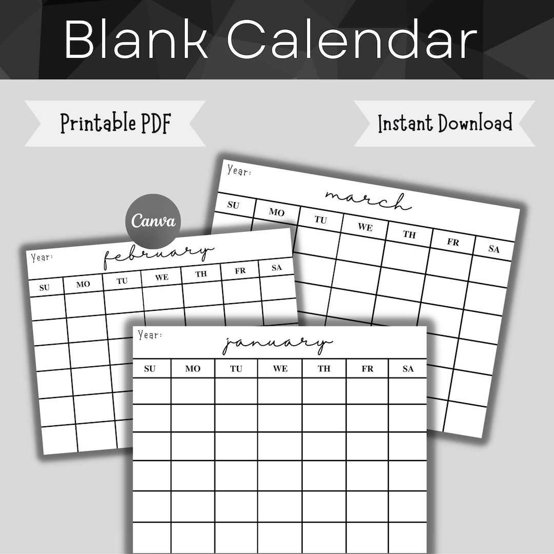 Monthly Blank Calendar Template 11 X 8.5 in Horizontal - Printable PDF ...