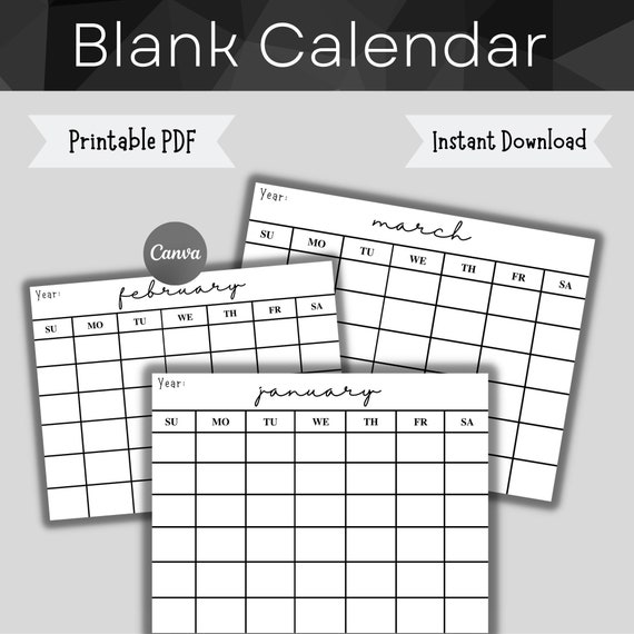 Monthly Blank Calendar Template 11 X 8.5 in Horizontal - Etsy