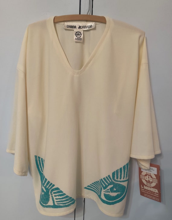 Cream long sleeved shirt with turquoise triangula… - image 6