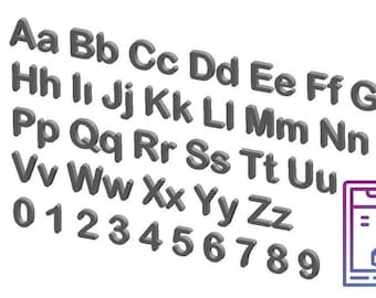 May include: A 3D printed alphabet in gray with the letters A through Z and the numbers 0 through 9. A 3D printer icon is in the lower right corner of the image.