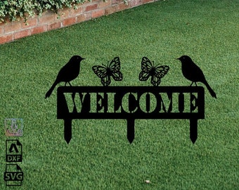 Welcome Sign with Butterflies and Birds Dxf Svg Laser Cut Files / Welcome Garden Stakes Cnc Plasma Cut Files / Welcome Yard Stakes Cut Files