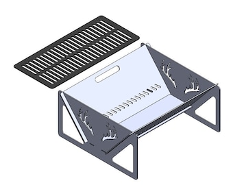May include: A black metal fire pit with a grill grate. The fire pit has a unique design with cutouts of antlers on the sides. The grill grate is separate and can be placed on top of the fire pit.
