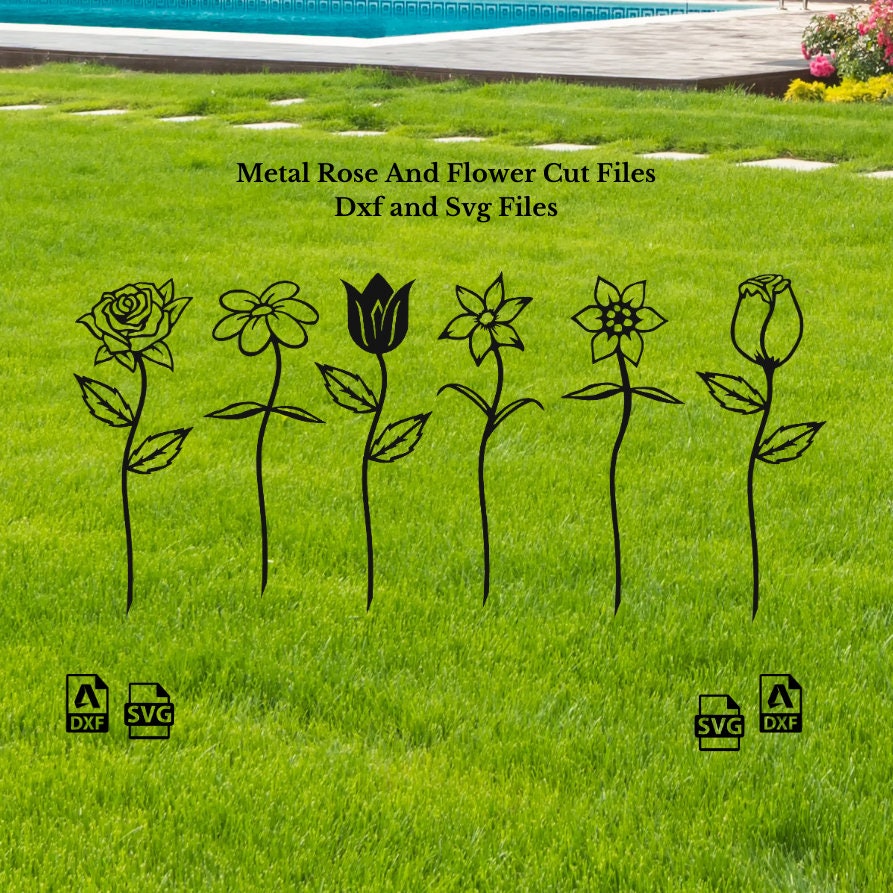 Metal Flowers Garden Stakes DXF SVG Files Metal Rose Decor Dxf Files