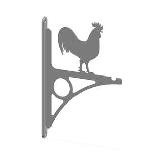 May include: A gray metal rooster-shaped shelf bracket. The bracket features a rooster silhouette atop a decorative support with a circular cutout and a mounting plate. The bracket is designed for wall mounting and adds a rustic touch to any space.