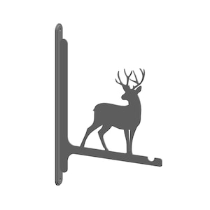 May include: A gray metal wall-mounted bracket with a deer silhouette. The bracket is designed to hold a plant pot or other decorative items.