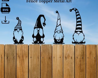 May include: Black metal fence topper art featuring four gnome designs with various hat styles and beard details. The text "SVG & DXF Digital Files for Cutting Fence Topper Metal Art" is displayed at the top. The gnomes are mounted on a wooden fence.