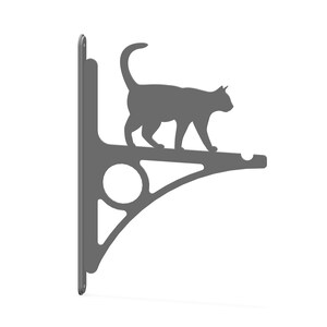 Peut inclure: Un support d'étagère en métal gris en forme de chat. Le support présente une silhouette de chat marchant le long du bord supérieur. Le support est conçu pour être monté sur un mur et a un design décoratif et fonctionnel.