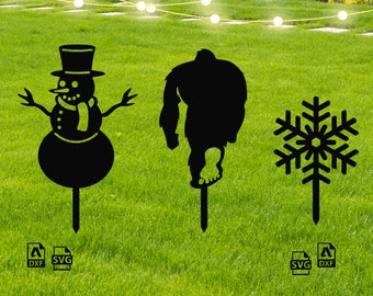 Christmas Garden Stakes Dxf und SVG Dateien | Weihnachtspfahl lasergeschnittene Dateien | Weihnachts-Svg-Plasma-Schnitt-Dateien | Schneemann, Schneeflocke, Bigfoot