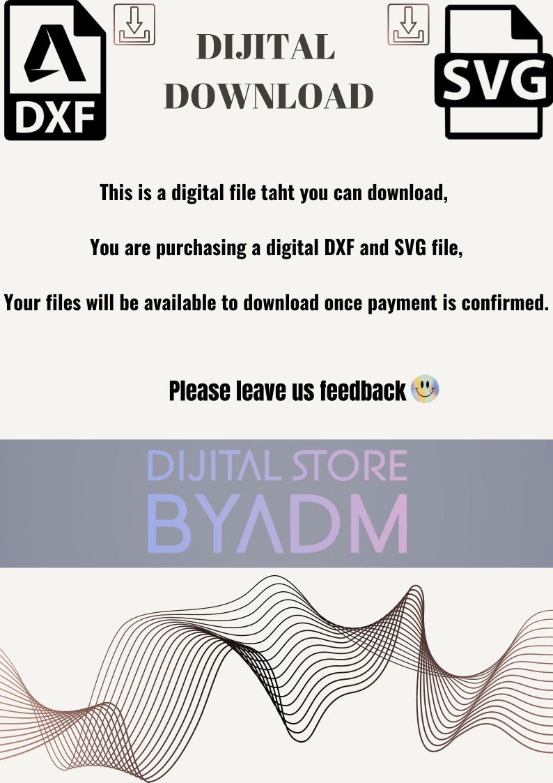 Pode incluir: Download digital de um arquivo DXF e SVG para um design. O texto diz "DIJITAL DOWNLOAD" e "DIJITAL STORE BYADM".