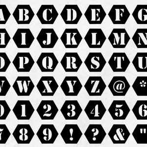 May include: Black and white stencil font alphabet and numbers in a hexagonal shape. The letters A through Z, the symbols @ and *, and the numbers 0 through 9, and the symbols !, ?, & and ".
