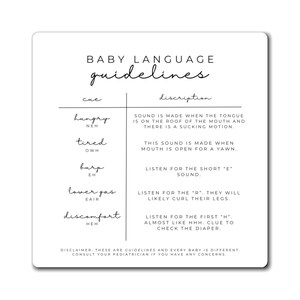 May include: A black and white printable chart with the title "Baby Language Guidelines". The chart lists common baby sounds and their meanings, such as "hungry", "tired", "burp", "lower gas", and "discomfort".