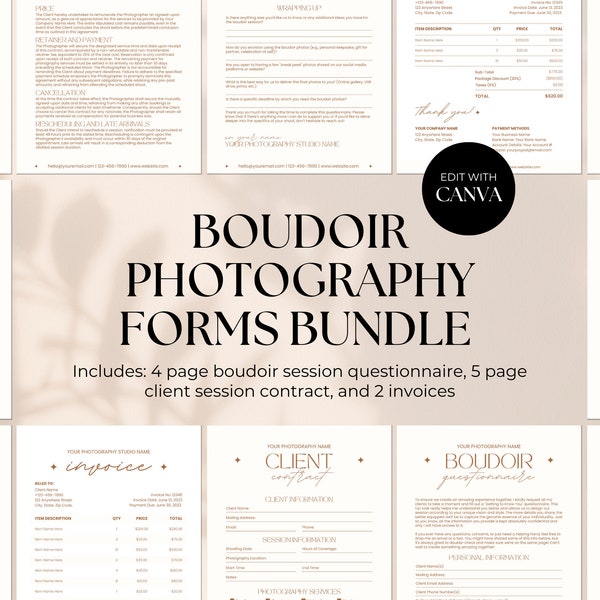 Boudoir Photography Forms Bundle, Boudoir Client Questionnaire, Photographer Session Contract Template, Boudoir Agreement, Pricing Guide