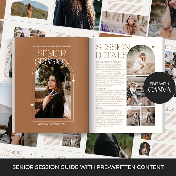 Senior Session Guide, Senior Photography Style Guide, Senior Grad Session Welcome Guide, Photography Magazine Template Canva, Pricing Guide