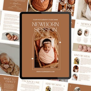 Puede incluir: Una tableta digital que muestra un folleto de estudio fotográfico en color marrón y blanco titulado NEWBORN SESSION. La pantalla presenta una foto central de un bebé envuelto en una cesta, enmarcada por un arco, con texto y URL.