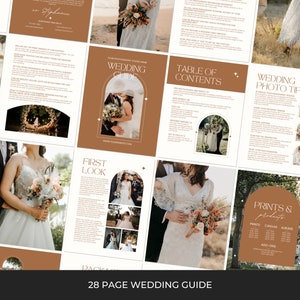 May include: A 28-page wedding guide with a brown and white colour scheme. The guide includes information on wedding photography, photo tips, prints and products, and wedding packages. The guide features images of a bride and groom in a variety of settings.