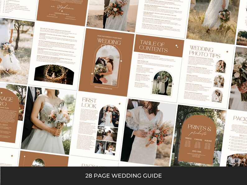 May include: A 28-page wedding guide with a brown and white colour scheme. The guide includes information on wedding photography, photo tips, prints and products, and wedding packages. The guide features images of a bride and groom in a variety of settings.
