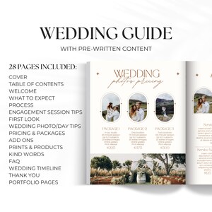 May include: A wedding guide with pre-written content, featuring a table of contents, wedding photo pricing packages, and add-on services. The guide includes 28 pages.