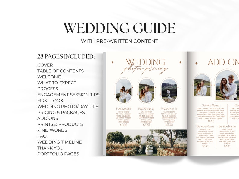 May include: A wedding guide with pre-written content, featuring a table of contents, wedding photo pricing packages, and add-on services. The guide includes 28 pages.
