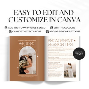 May include: A wedding guide template with a brown background and a white archway. The guide includes text that says "Wedding Guide" and "Engagement Session Tips". The guide is customizable in Canva.