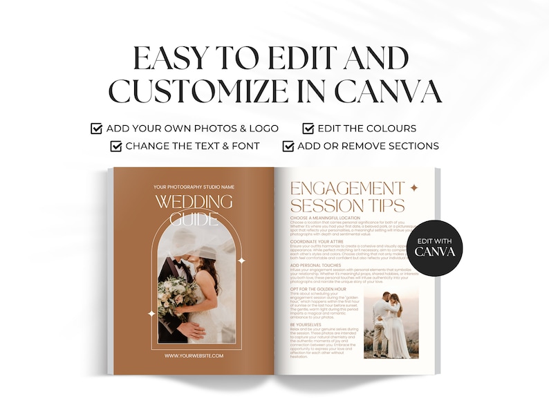 May include: A wedding guide template with a brown background and a white archway. The guide includes text that says "Wedding Guide" and "Engagement Session Tips". The guide is customizable in Canva.