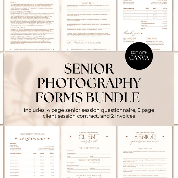 Senior Photography Forms Bundle, Senior Client Questionnaire, Senior Contract Form Template Canva, Senior Session Agreement, Pricing Guide