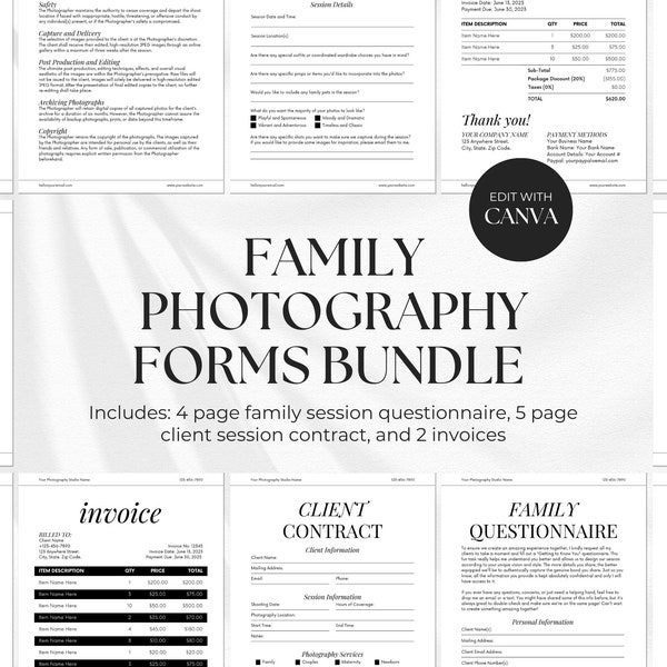 Family Photography Forms Bundle, Family Client Questionnaire, Family Contract Form Template Canva, Family Session Agreement, Pricing Guide