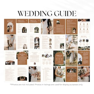 May include: A wedding guide with a brown and white colour scheme. The guide includes information about engagement sessions, first looks, wedding day tips, packages, add-ons, and more. The guide also includes photos of a bride and groom.