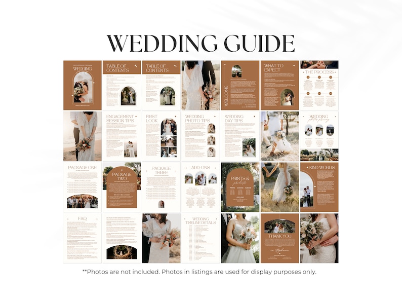 May include: A wedding guide with a brown and white colour scheme. The guide includes information about engagement sessions, first looks, wedding day tips, packages, add-ons, and more. The guide also includes photos of a bride and groom.