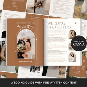 May include: A wedding guide with pre-written content for photographers. The guide includes tips for scheduling engagement sessions, sharing wedding timelines, and planning for the unexpected. It also encourages photographers to trust their clients and to edit photos with Canva.