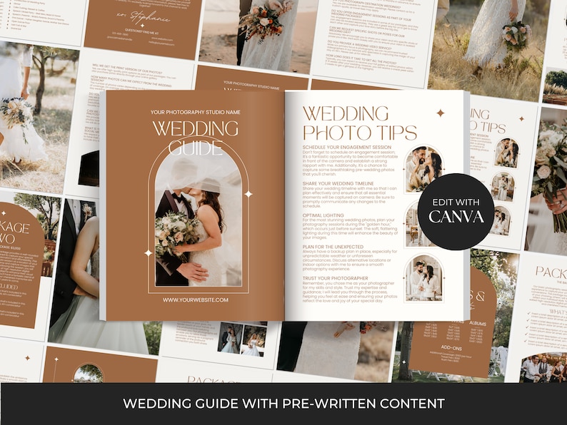 May include: A wedding guide with pre-written content for photographers. The guide includes tips for scheduling engagement sessions, sharing wedding timelines, and planning for the unexpected. It also encourages photographers to trust their clients and to edit photos with Canva.