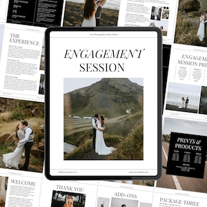 May include: A digital tablet displaying a photography studio brochure titled Engagement Session. The screen features a central photograph of a couple standing on a grassy hill with a large mountain in the background, surrounded by text.