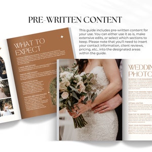 May include: An open book with a brown and white cover. The left page has a title that says "What to Expect" and the right page has a title that says "Wedding Photo Tips". The book is open to a page with photos of a wedding couple and a bouquet of flowers.