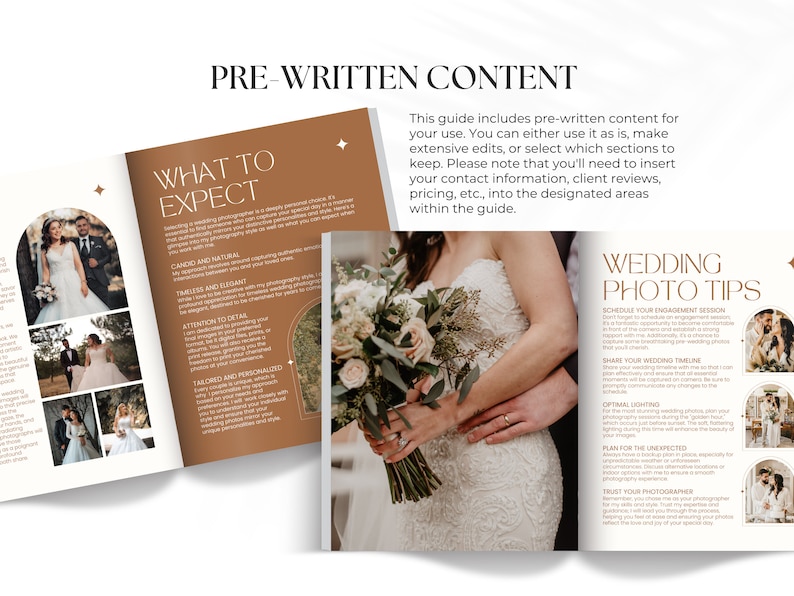 May include: An open book with a brown and white cover. The left page has a title that says "What to Expect" and the right page has a title that says "Wedding Photo Tips". The book is open to a page with photos of a wedding couple and a bouquet of flowers.