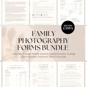 Op de afbeelding: Een set printbare formulieren voor familiefotografen, inclusief een klantcontract, een factuur en een vragenlijst. De formulieren zijn ontworpen in een minimalistische stijl met een beige achtergrond en gouden accenten. De tekst "FAMILY PHOTOGRAPHY FORMS BUNDLE" wordt in een groot lettertype bovenaan de afbeelding weergegeven.