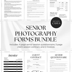 Senior Photography Forms Bundle, Senior Client Questionnaire, Senior Contract Form Template Canva, Senior Session Agreement, Pricing Guide
