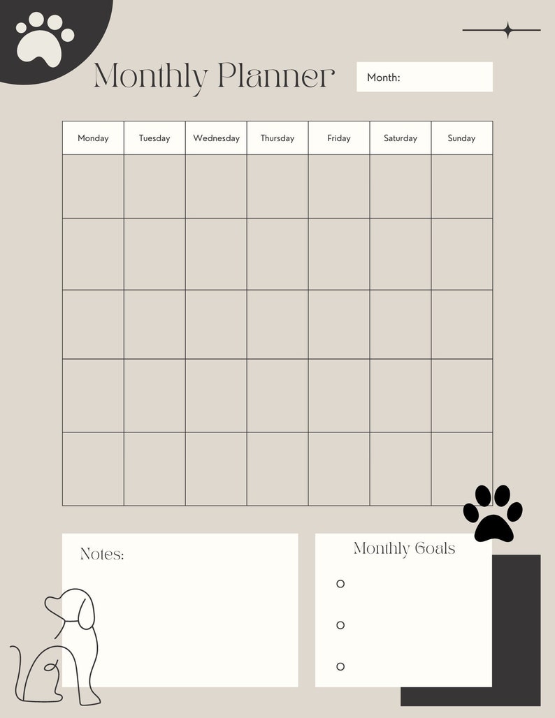 Dog Paw Print Monthly Planner Etsy