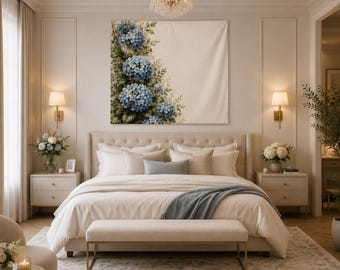 Vintage Blue Hydrangea Tapestry | Cottage Garden Wall Hanging, French Country Floral Decor, Botanical Home Accent Art, Large Wall Art