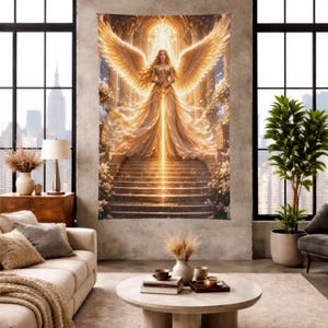 Puede incluir: Un gran tapiz que representa un ángel dorado con alas extendidas, de pie sobre una escalera bañada en luz. El ángel lleva un vestido fluido y se encuentra sobre un fondo de un gran diseño arquitectónico. La obra de arte se exhibe en un salón moderno.