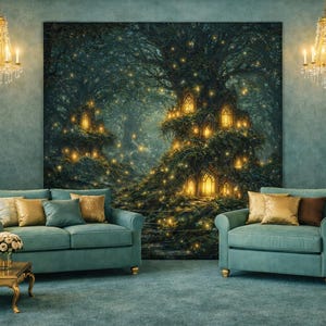 May include: A teal living room with a large painting of a fantasy forest scene. Two gold chandeliers hang from the ceiling. Two teal sofas and a chair are arranged in front of the painting, with gold and teal accent pillows.