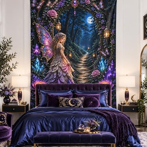 May include: A large wall tapestry featuring a fairy with iridescent wings standing on a path in a dark forest at night. The scene includes glowing lanterns, purple and pink flowers, blue crystals, and a full moon. The tapestry hangs above a bed.