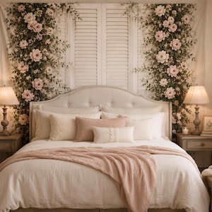 Organic Luxe™ | Cottage Garden Photo Backdrop, Pink Roses on White Shutters (Wedding Decor)