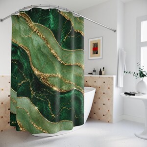 Tenda da doccia con onde in agata verde smeraldo / venature dorate effetto marmo