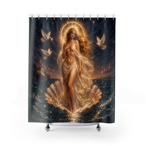 Golden Venus Goddess Shower Curtain | Celestial Muse™ Divine Feminine Bathroom Decor Aphrodite Ocean Mythology Statement