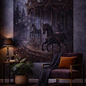 Moonlit Carousel Tapestry | Bella La Vida Designs™ Gothic Fantasy Night Wall Art